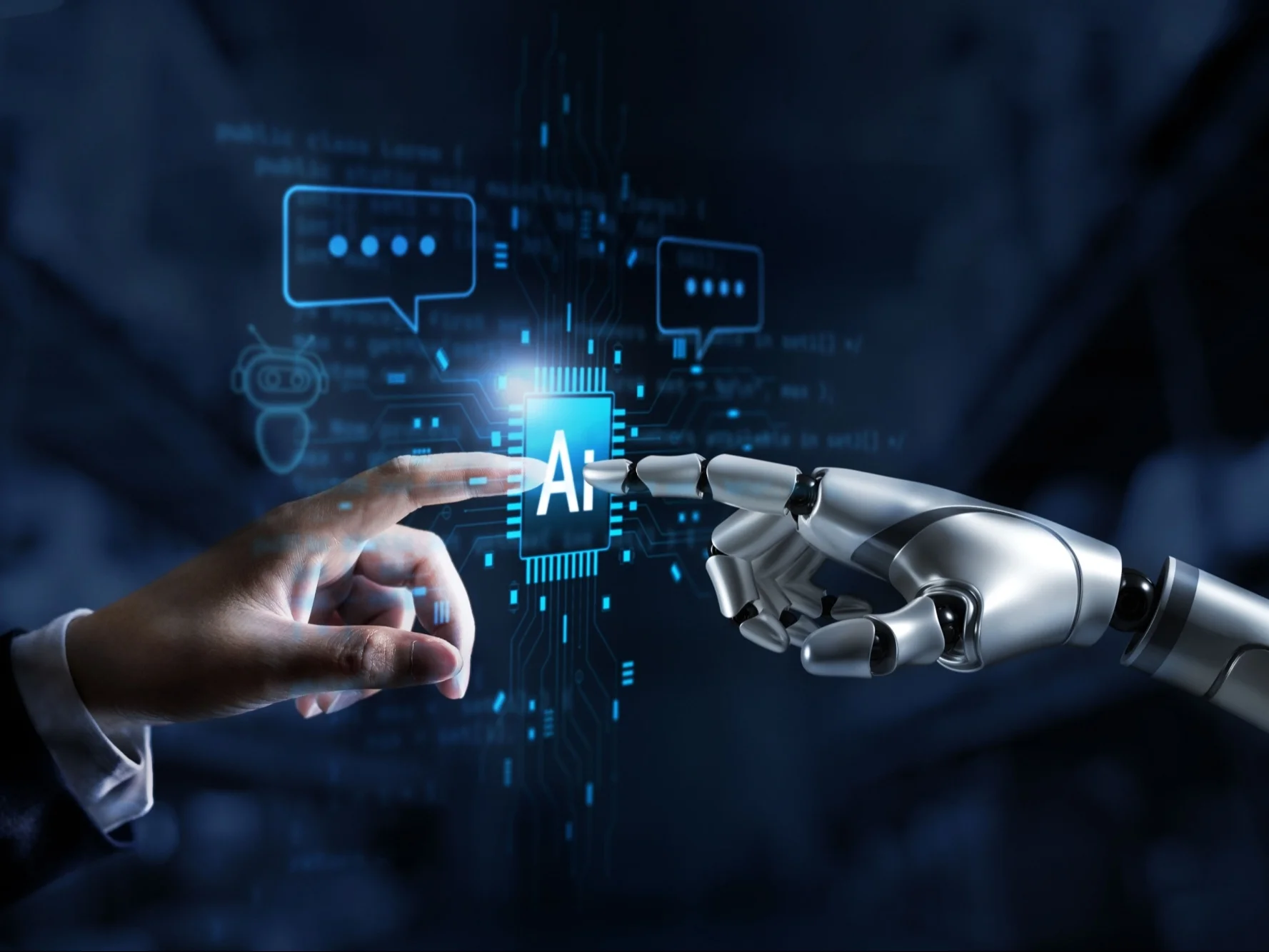 AI robot and human hand touching